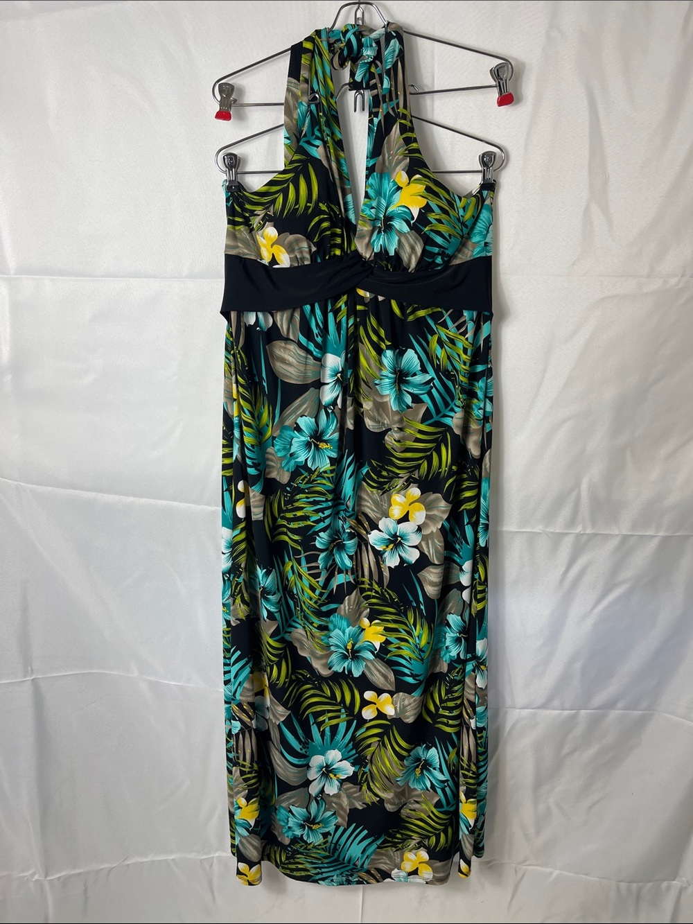Kisses & Hugs Hawaii Tropical Halter Maxi Dress in Teal & Black Plus Size 2X